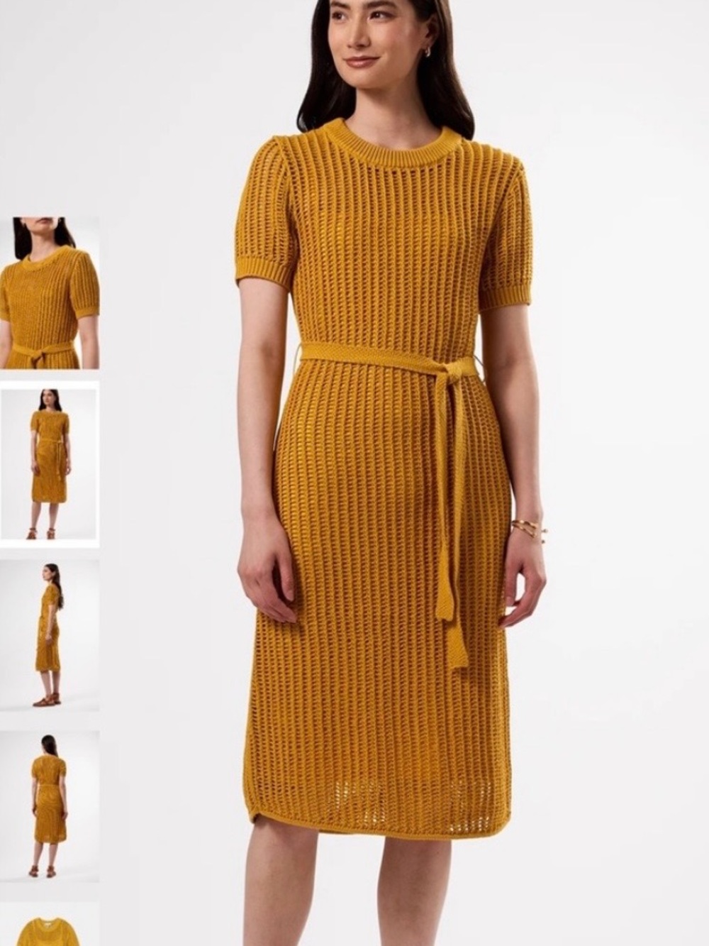 Amour Vert Organic Cotton Knit Dress Mustard Gold Belted Midi Short Sleeve